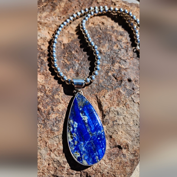 Sterling Silver SIGNED Lapis Pendant, And High Shine Sterling Necklace Set - Picture 12 of 17